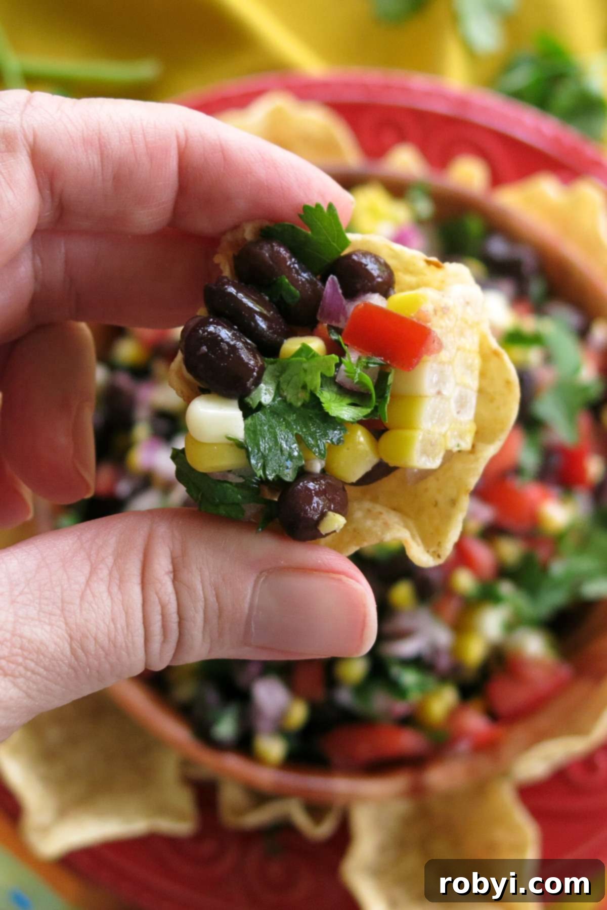 A hand holding a crunchy tortilla chip generously topped with the colorful and fresh black bean and corn salsa.