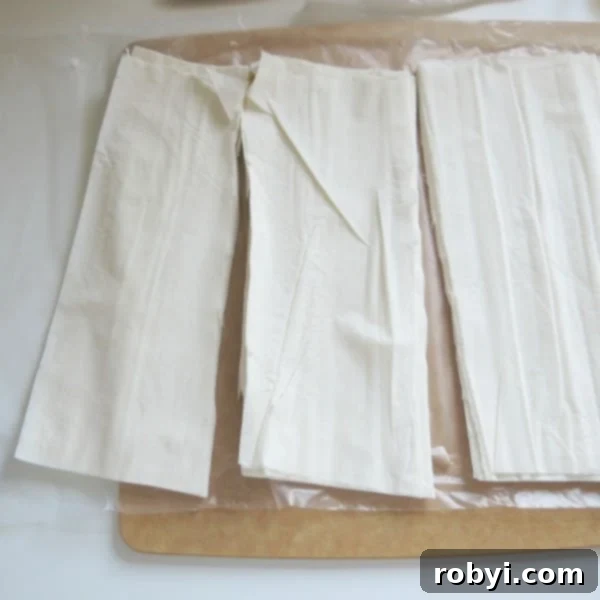 Phyllo dough cut into strips in a stack.