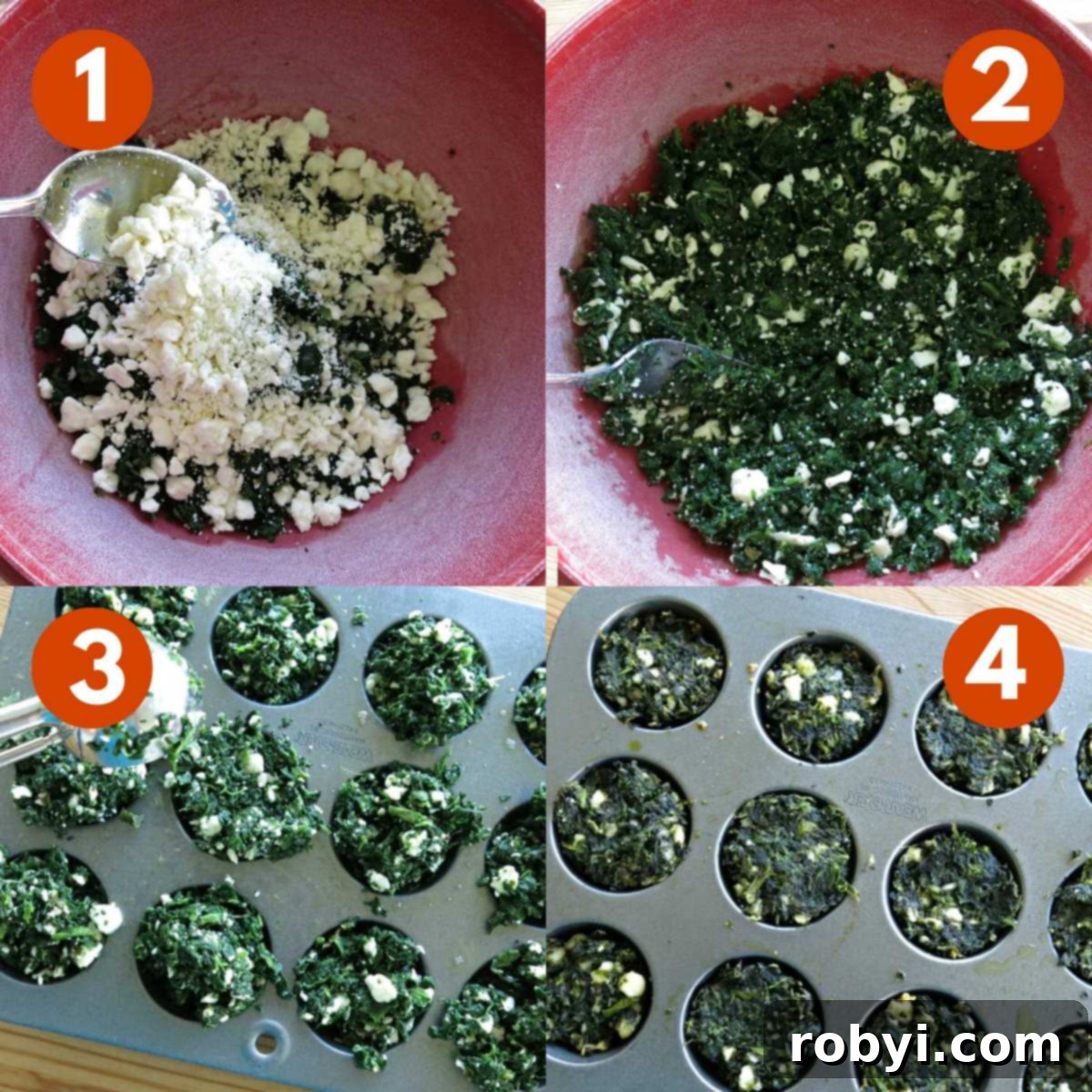 A step-by-step collage demonstrating how to make spinach feta egg cups: 1) Ingredients prepped in a bowl, 2) Ingredients thoroughly mixed, 3) Mixture being scooped into a mini muffin tin, 4) The finished, golden-brown baked egg cups in the tin.