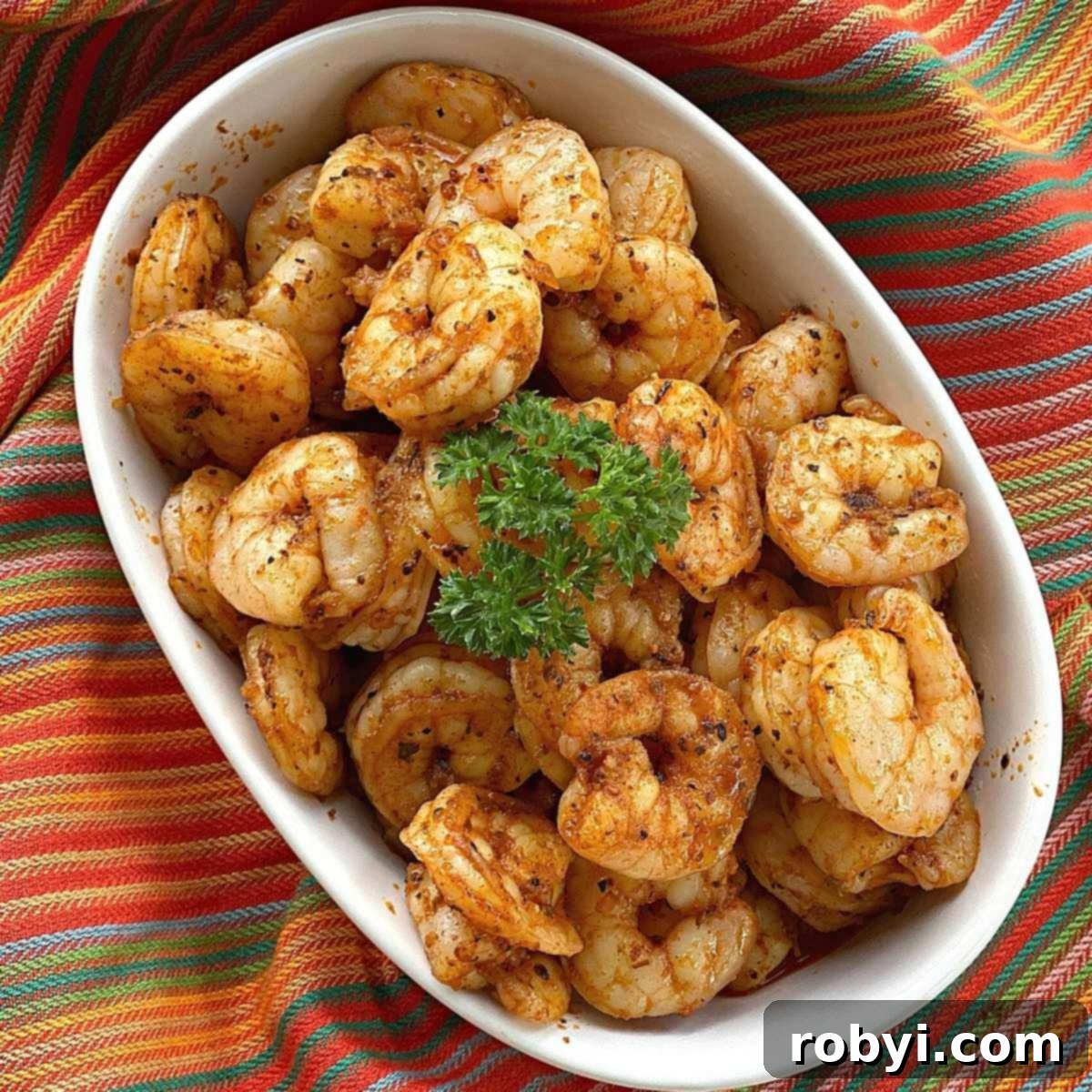 Easy blackened shrimp in a bowl with a sprig of parsley on top.