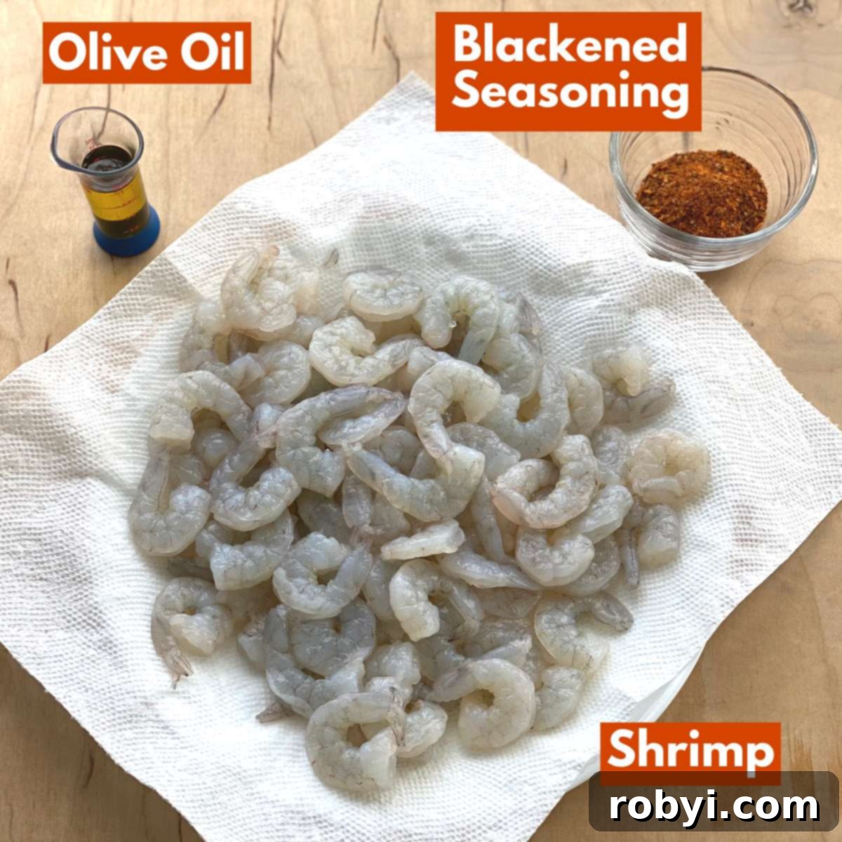 Collage of ingredients to make the recipe: Peel and deveined shrimp on plate, olive oil, and blackened seasoning.