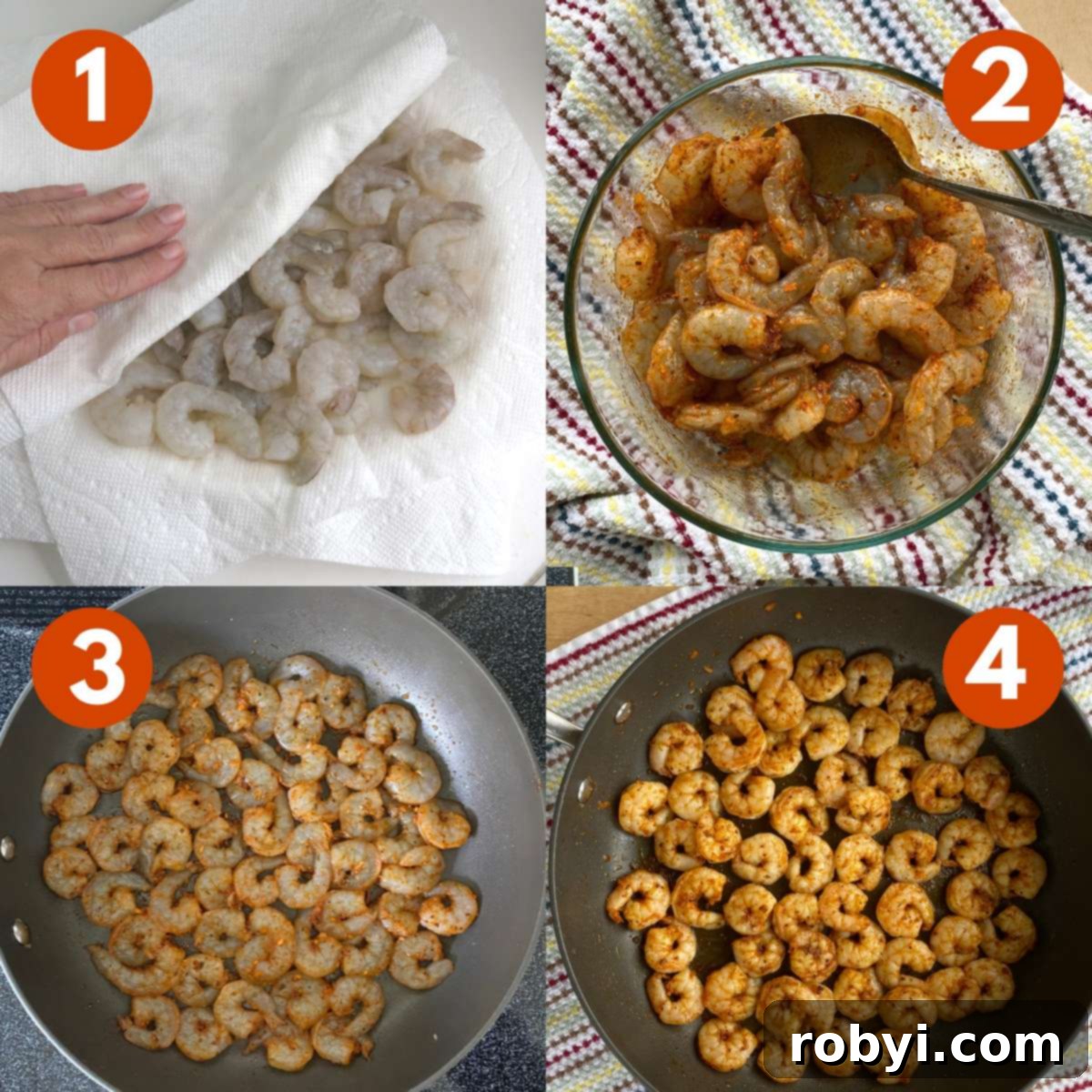 Collage of steps to make blackened shrimp: 1) shrimp being patted dry 2) shrimp in bowl with spices and olive oil 3) shrimp in skillet uncooked 4) shrimp flipped to the other side and finished in skillet.