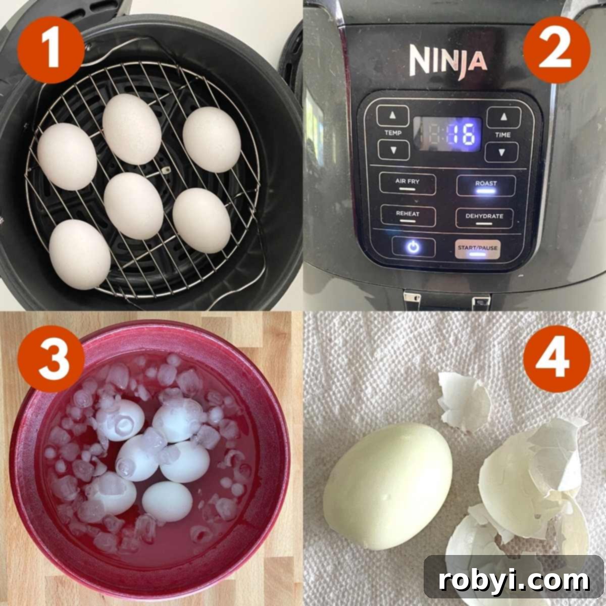 Easy Air Fryer Hard Boiled Eggs for All Models 4 A four-panel collage showing the air frying process: 1) Uncooked eggs in the air fryer basket, 2) The front of a Ninja air fryer with the timer set to 16 minutes, 3) Cooked eggs immediately submerged in an ice bath, 4) A perfectly peeled egg next to its shell.