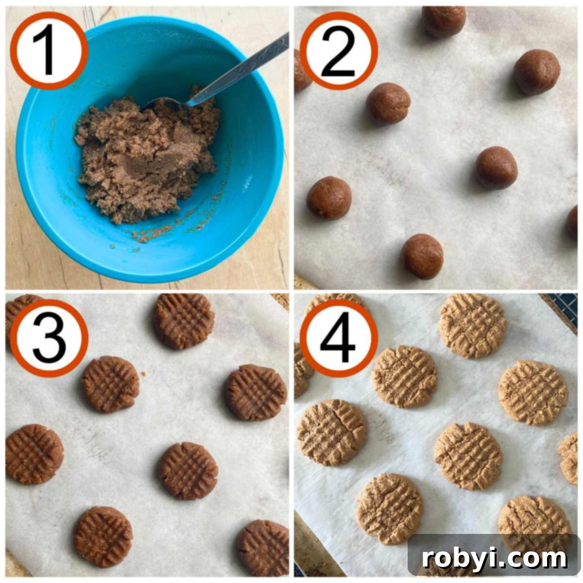 A collage showing the four easy steps to make 3-ingredient almond butter cookies: mixing the dough, forming balls, pressing with a fork, and the finished baked cookies.