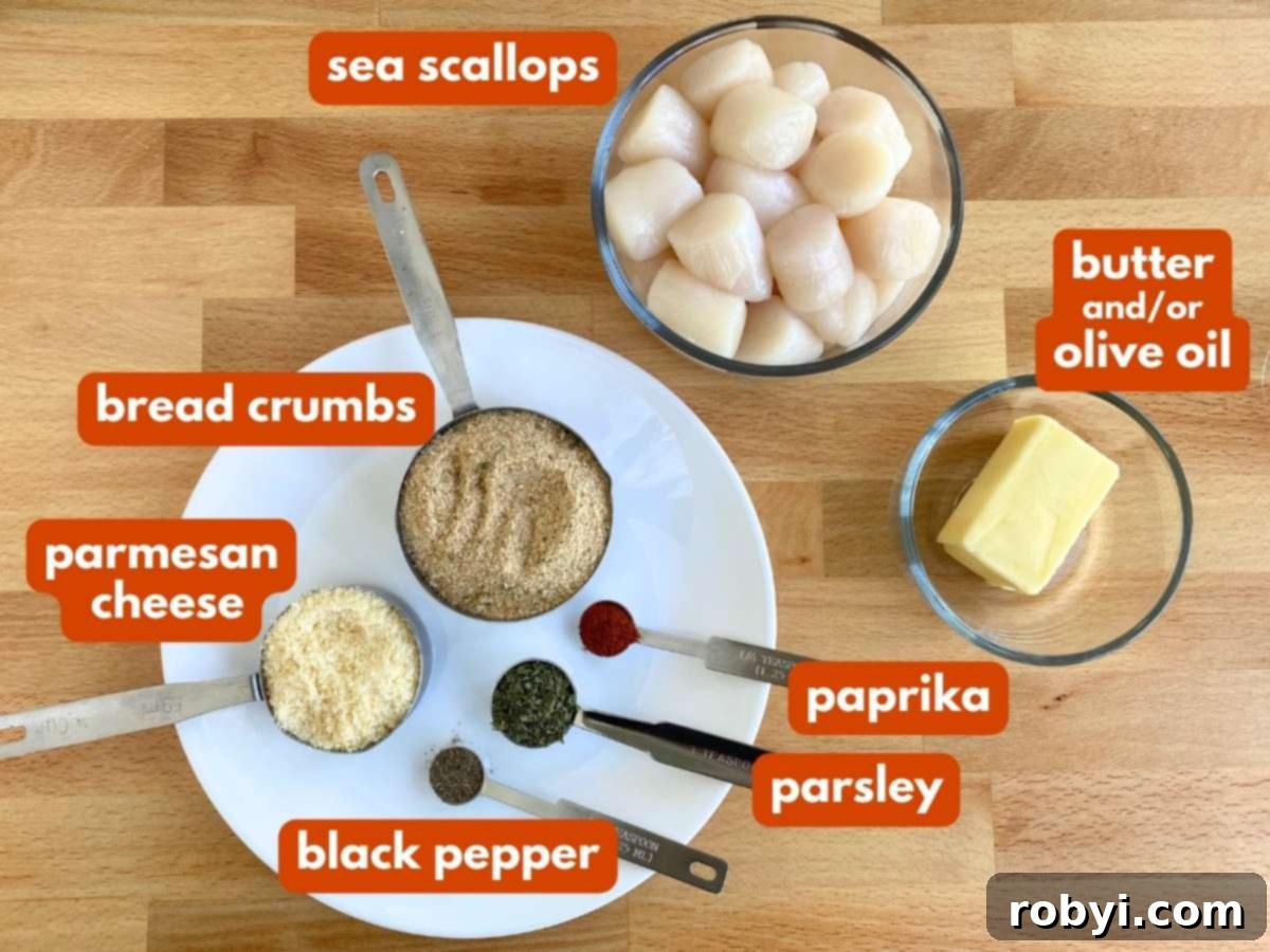Labelled ingredients to make broiled scallops with Parmesan breading: sea scallops, butter, bread crumbs, parmesan cheese, paprika, parsley, black pepper.