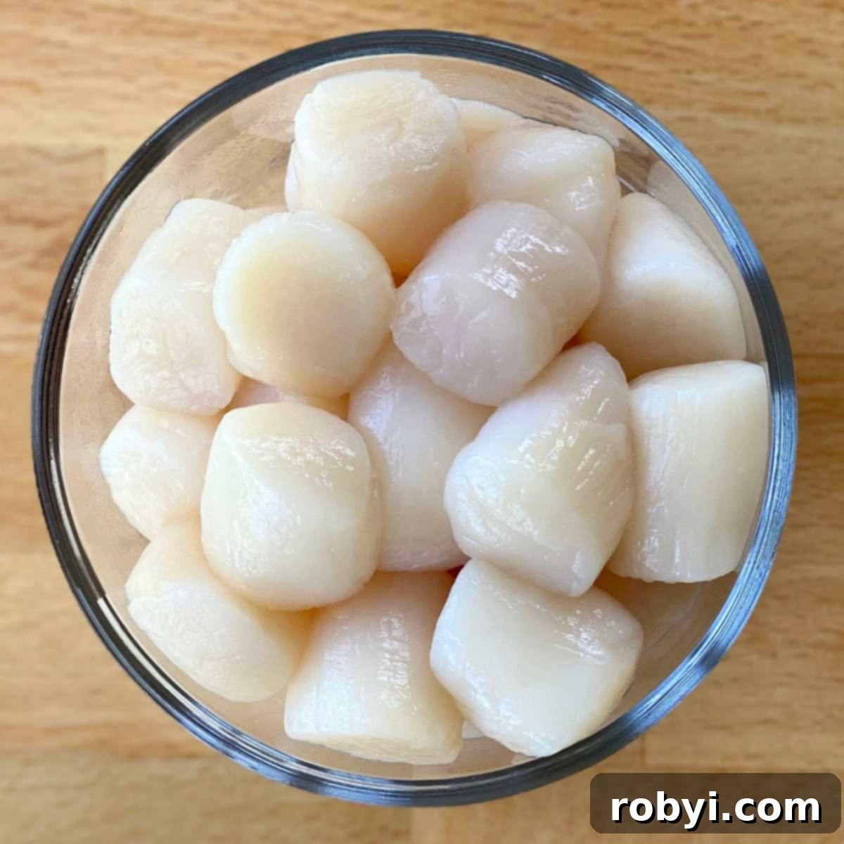 Glass bowl with large uncooked sea scallops in it.