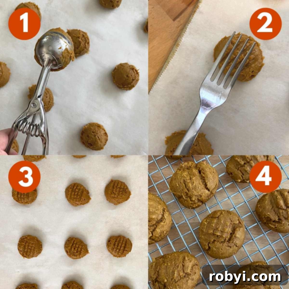 Numbered steps demonstrating how to make 2 ingredient pumpkin cookies using a baking sheet lined with parchment paper.