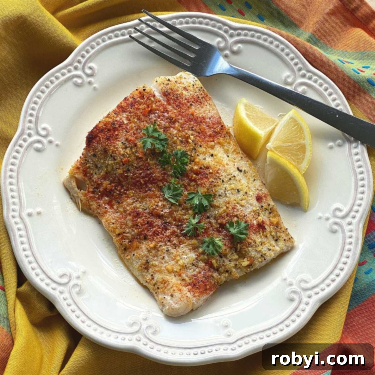 Baked Corvina Fillet with Lemon Pepper Crust on plate with lemon wedges and a fork.