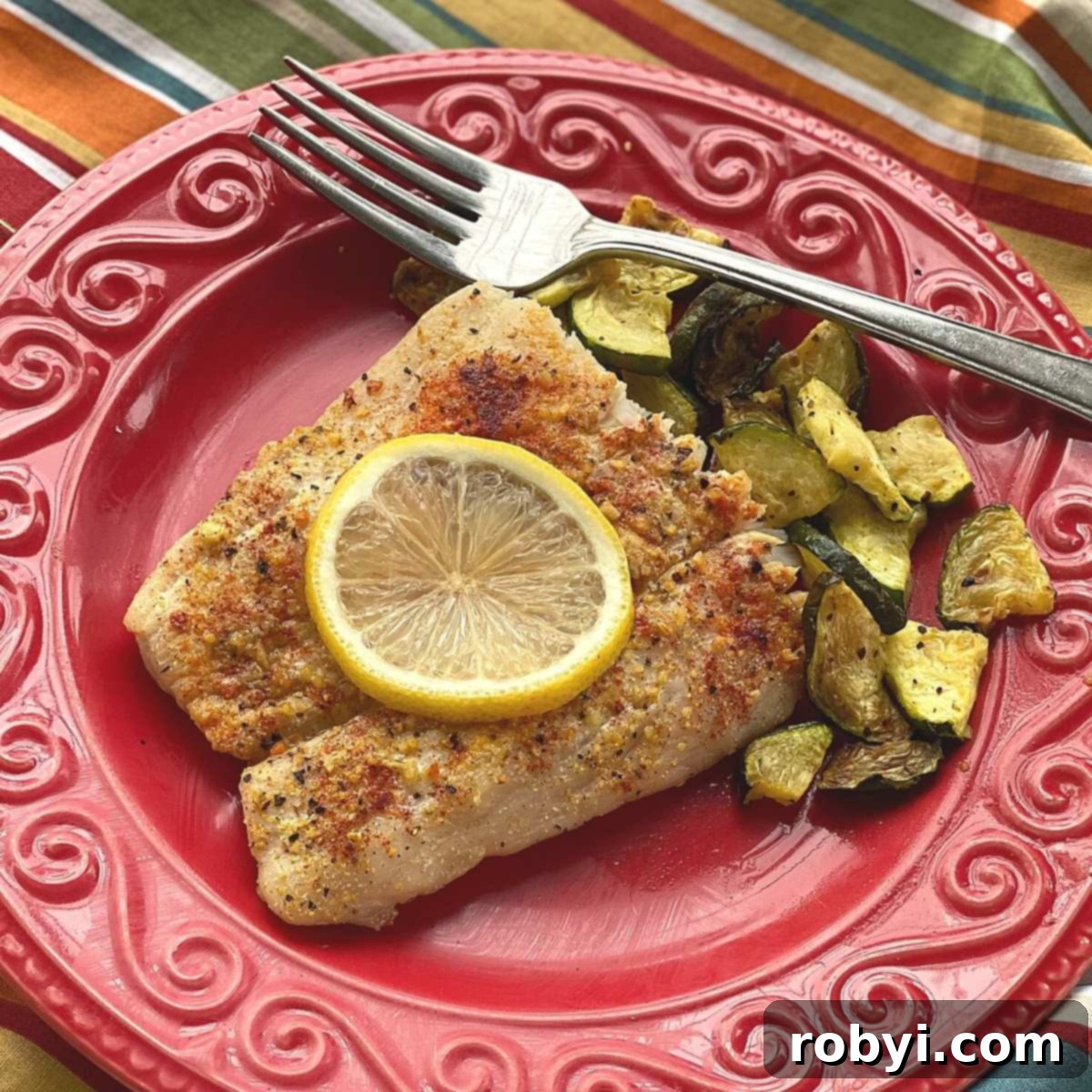 Baked corvina and zucchini on a plate with a fork.