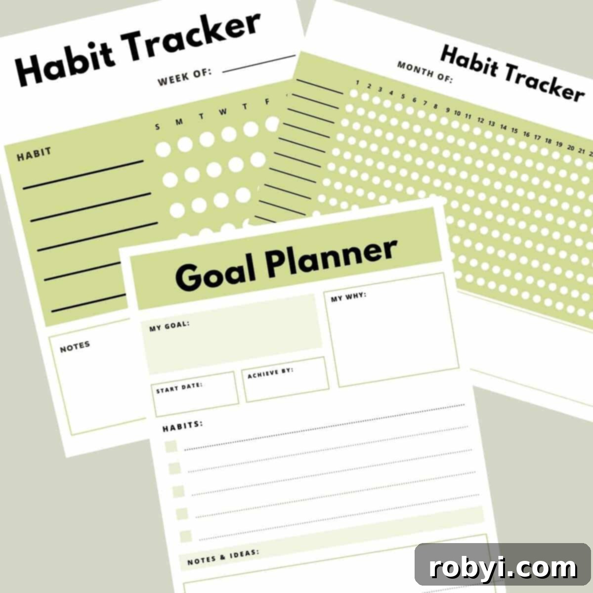 A visual collage showcasing two distinct versions of a printable habit tracker alongside a goal planner template, emphasizing tools for personal development and health goals.