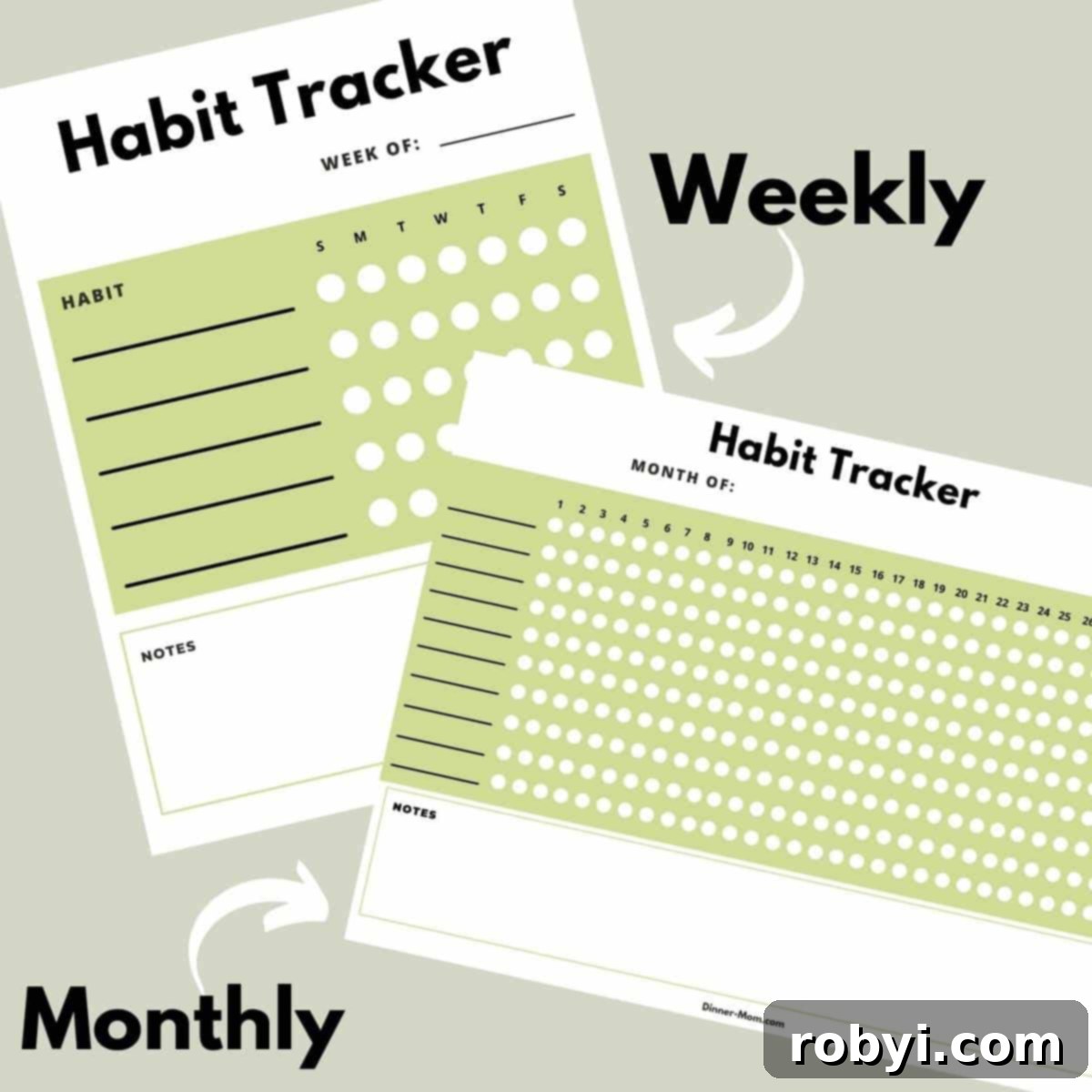 A collage displaying both the weekly and monthly versions of the printable habit trackers, designed to help individuals monitor their progress and build consistent routines.