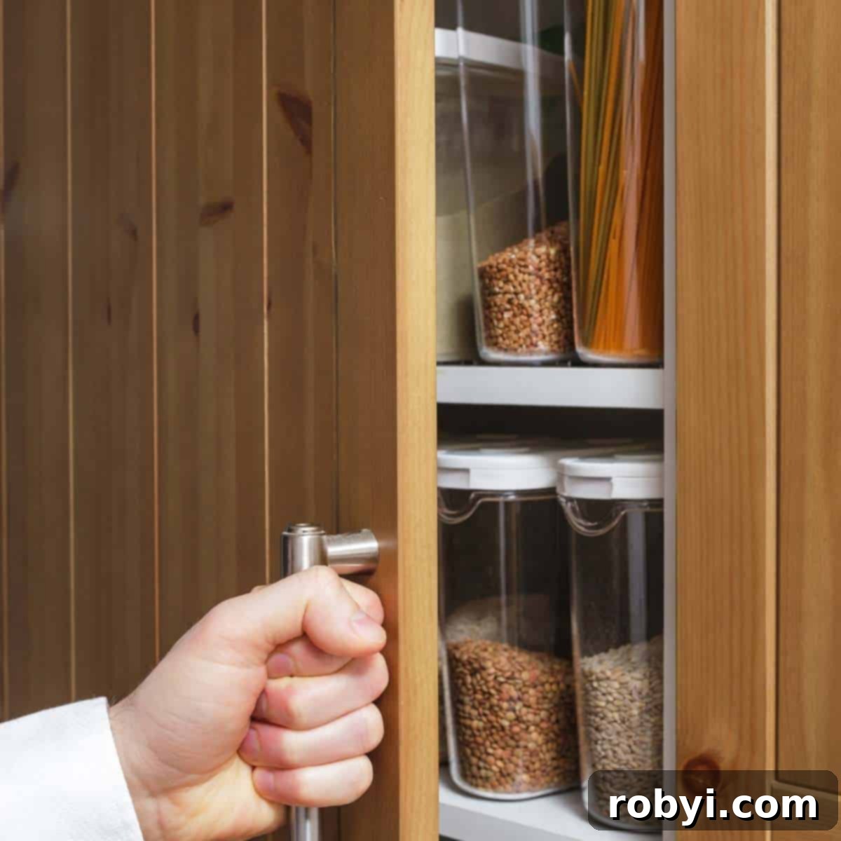 Pantry Overhaul From Clutter to Calm 2 Hand opening the door of a pantry with items inside in storage containers.