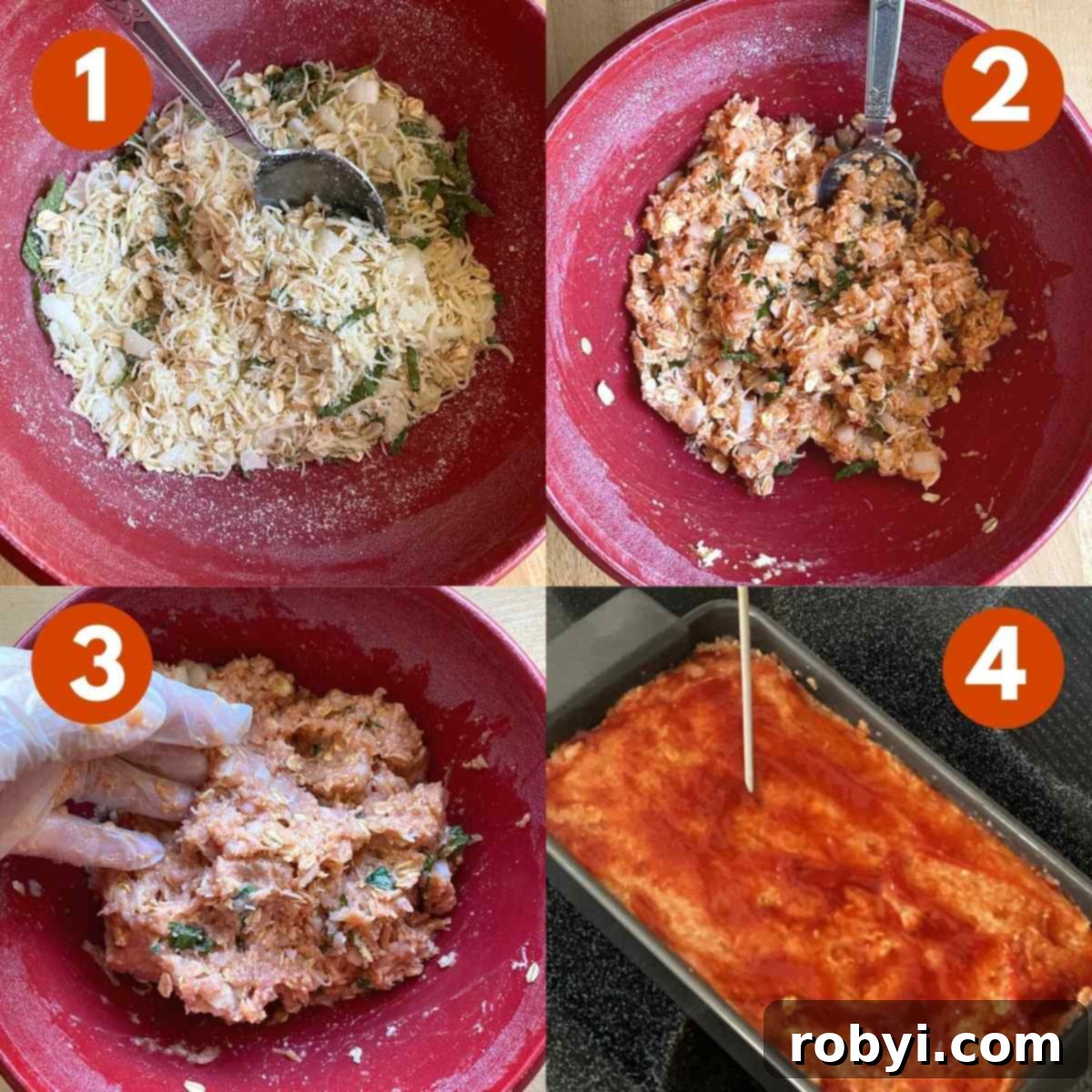 A four-panel collage showing the preparation of ground chicken meatloaf: mixing dry ingredients, adding wet ingredients, incorporating ground chicken, and finally, the cooked meatloaf with a thermometer.