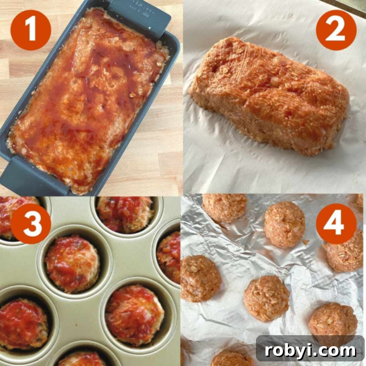 A numbered collage displaying four different ways to shape meatloaf mixture: in a standard loaf pan, as a free-form mini loaf, in a muffin tin, and as individual meatballs.