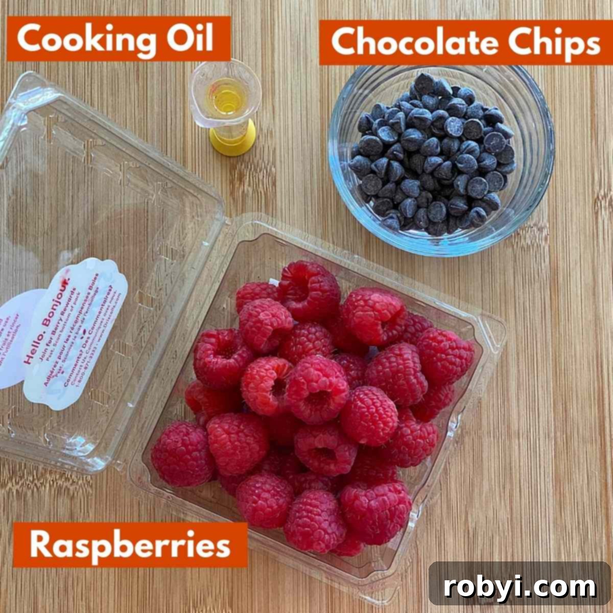 Chocolate-Dipped Frozen Raspberry Jewels 3 A graphic showcasing the three essential ingredients for chocolate covered raspberries: fresh red raspberries, sugar-free dark chocolate chips, and a bottle of cooking oil.