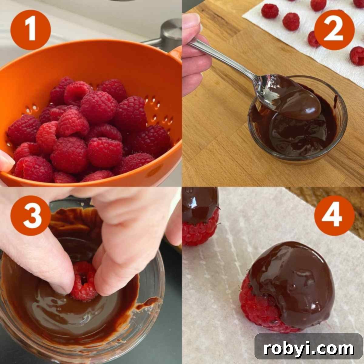 Chocolate-Dipped Frozen Raspberry Jewels 4 A visual guide showing four steps to make chocolate covered raspberries: 1) rinsing berries in a colander, 2) spooning melted chocolate, 3) dipping a raspberry by hand, and 4) placing a dipped raspberry on wax paper to set.