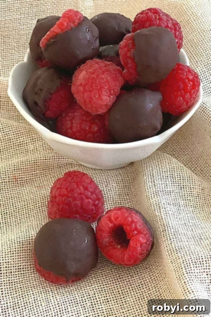 Chocolate-Dipped Frozen Raspberry Jewels 6 Three fresh raspberries resting on a napkin, with a bowl full of dark chocolate covered raspberries and a few plain ones nearby, creating a rustic and inviting scene.