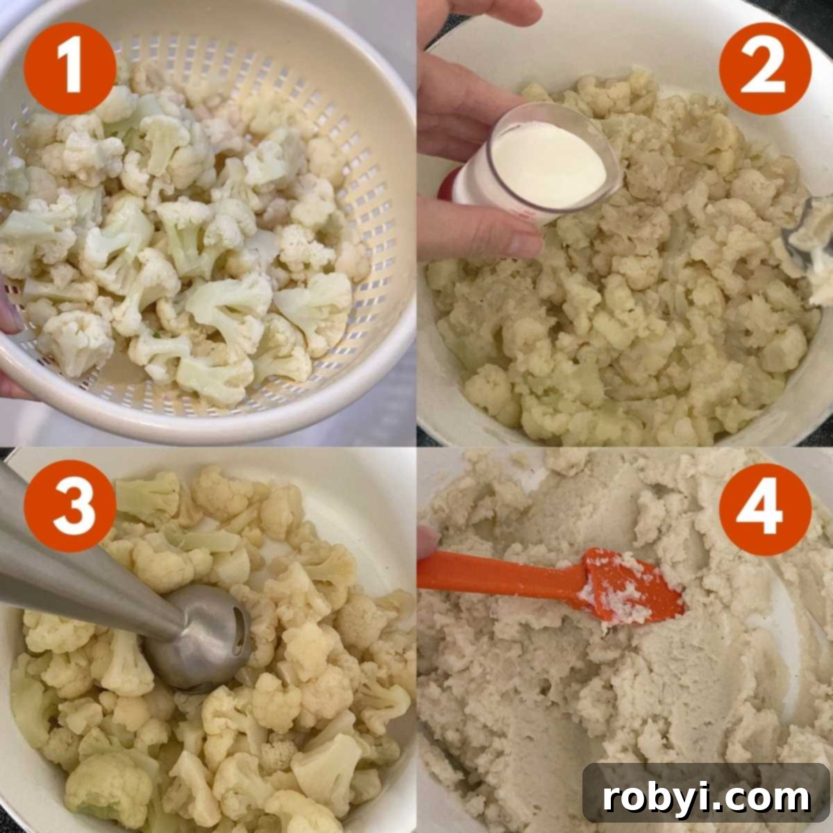 Graphic of steps 1 - 4 to make cauliflower colcannon. 1) Cauliflower florets in a colander, 2) Milk being added to florets in a pot. 3) Immersion blender in pot with cauliflower. 4) Spatula stirring pureed cauliflower in pot.