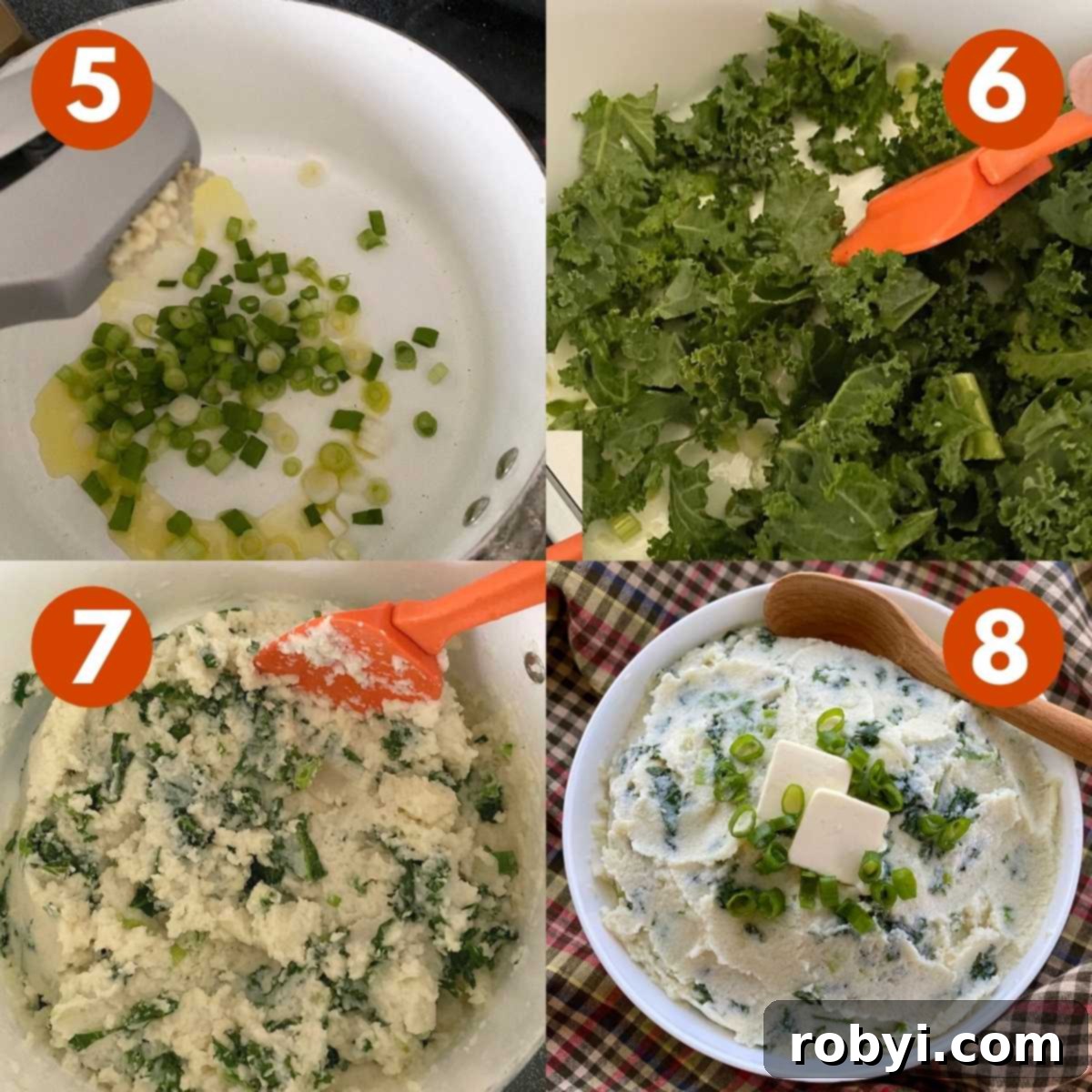 Graphic with numbered steps 5-8: 5) Green onions, olive oil, and garlic being pressed into pot. 6) Kale in pot. 7) Creamy cauliflower and greens mixed together in pot. 8) Cauliflower colcannon in pot with butter and on top.