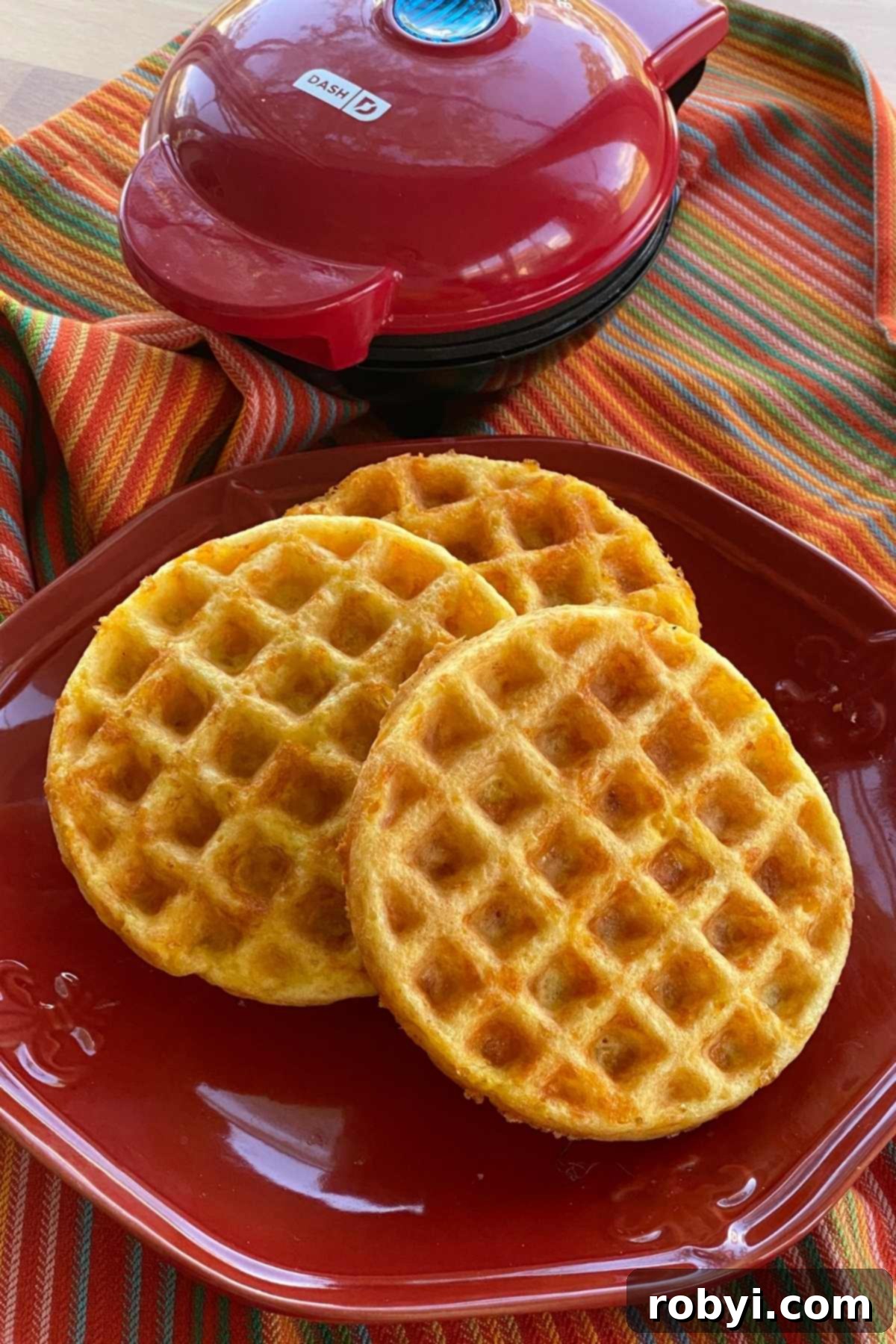 Easy keto chaffles on a plate with a dash mini waffle maker behind it.