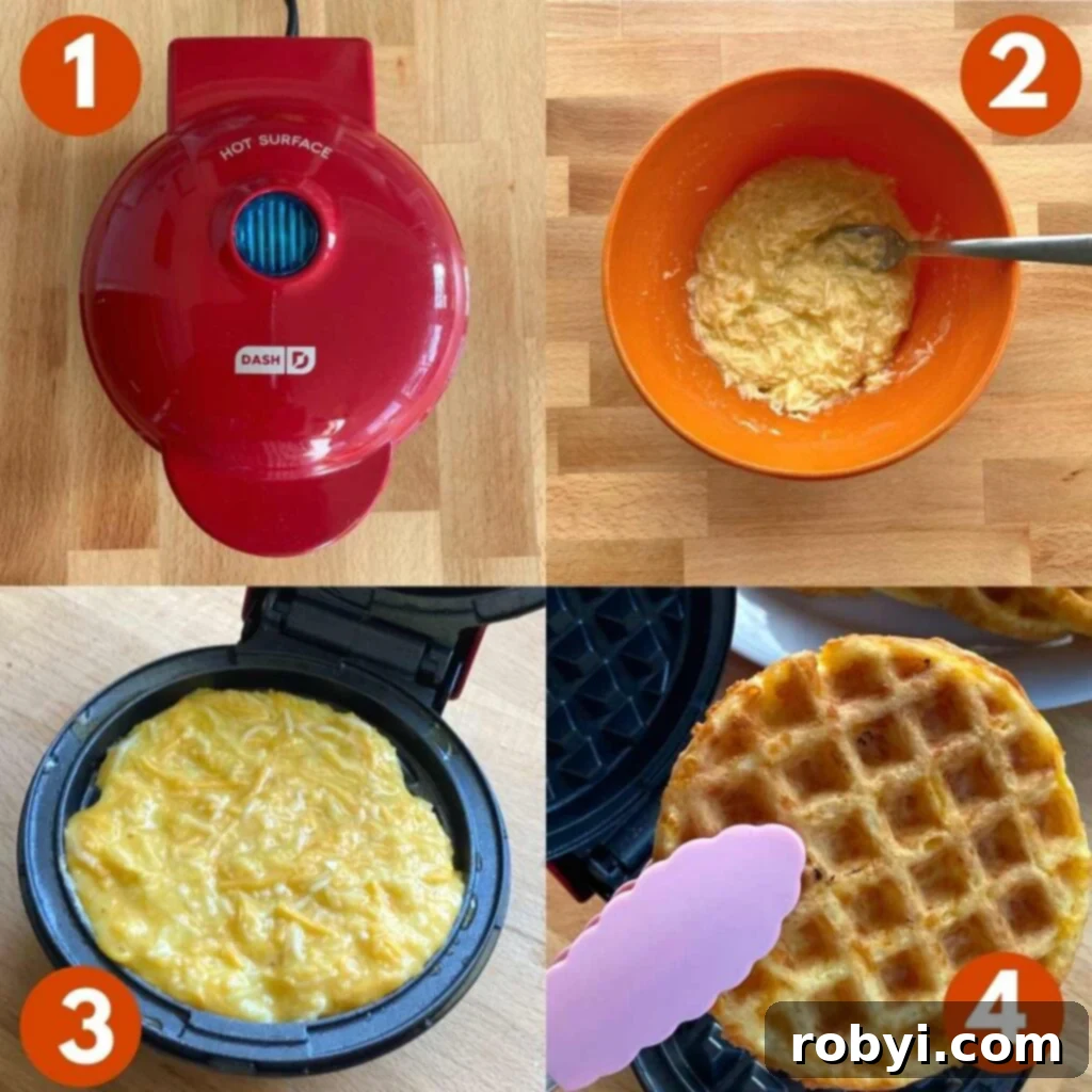 Numbered picture collage of steps to make keto chaffles: 1) closed dash waffle maker, 2) chaffle batter mixed in bowl, 2) chaffle batter in Dash waffle maker, 4) tongs holding crispy chaffle.