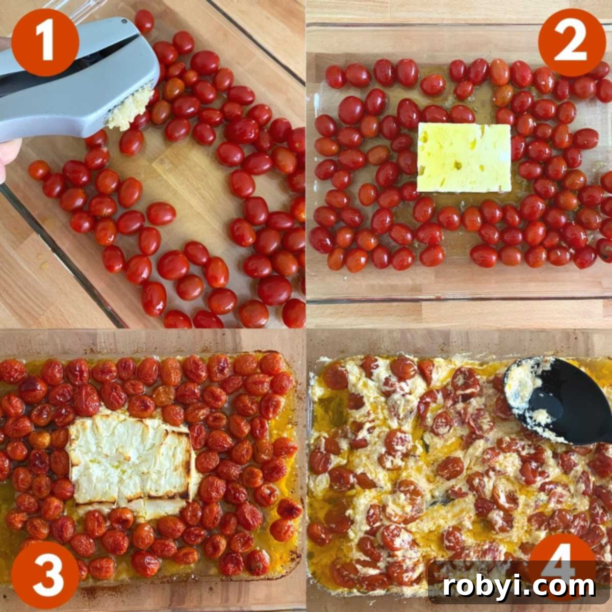 Creamy Baked Feta Shrimp with Zucchini Noodles 3 Numbered Collage with steps to make baked feta sauce with tomatoes.