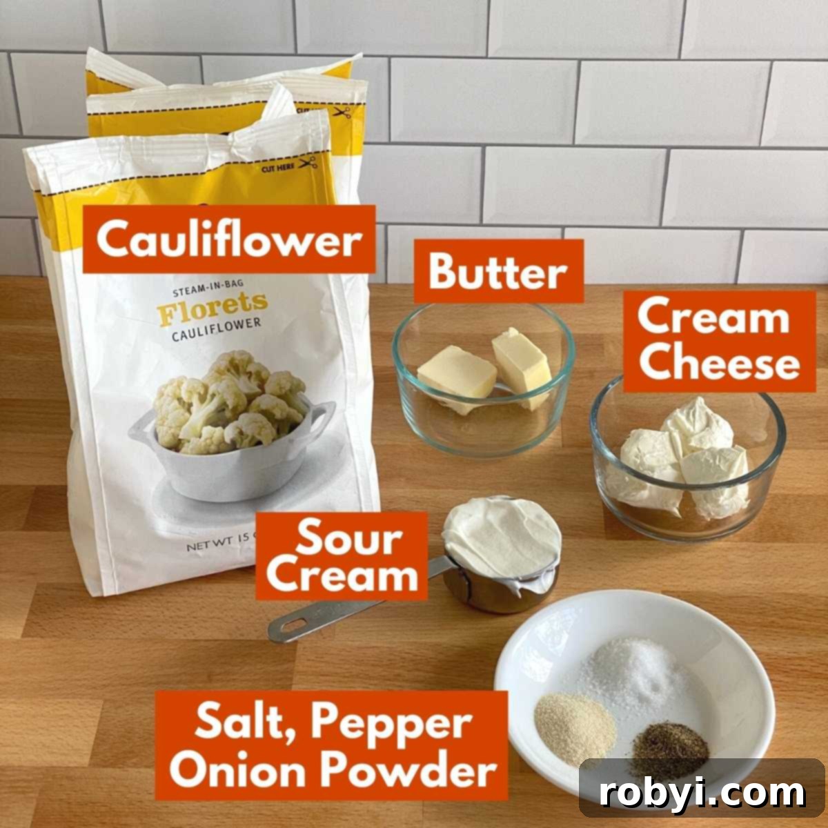 Graphic of ingredients to make cauliflower mash recipe with labels for each item.