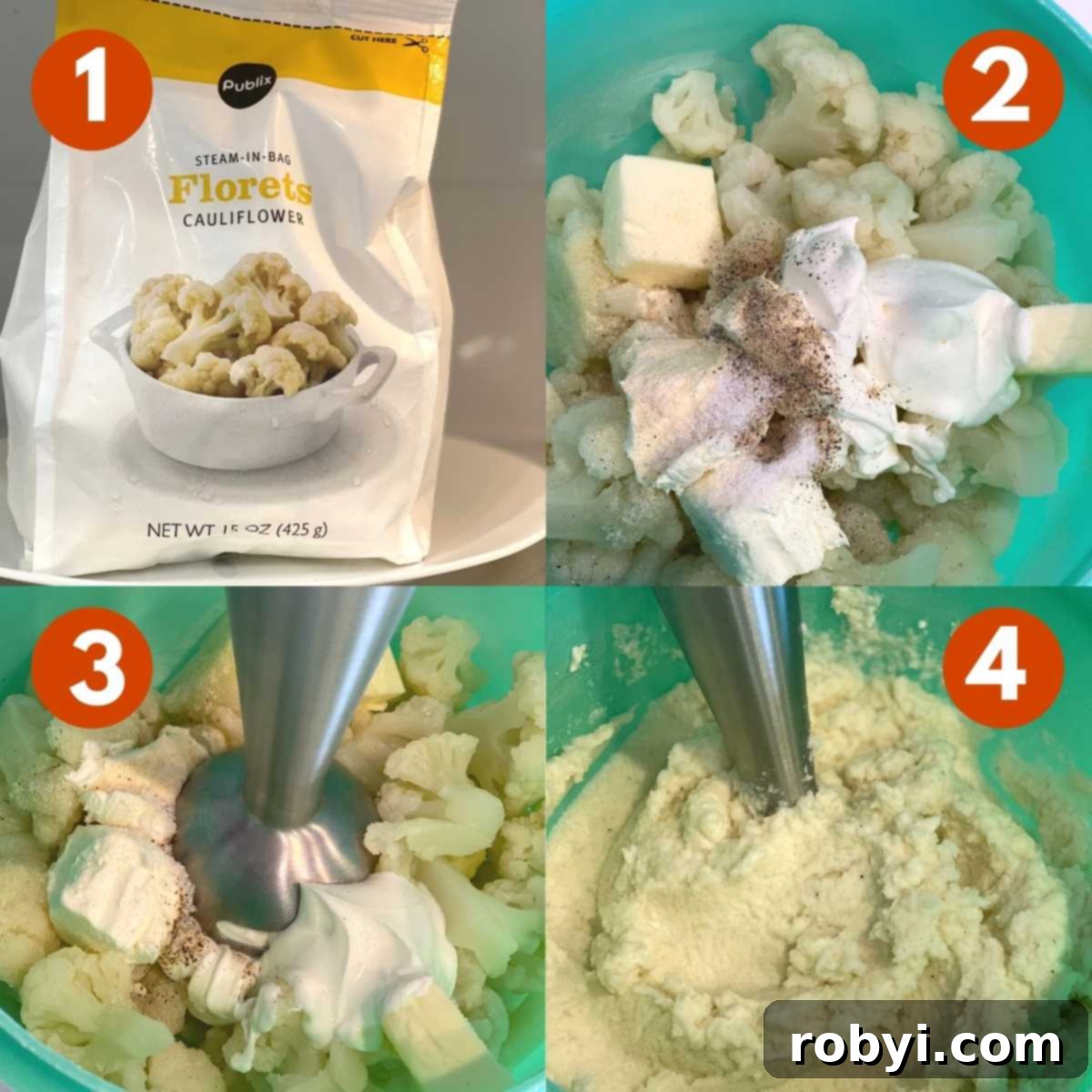 Numbered picture collage illustrating the steps to make creamy cauliflower mash.