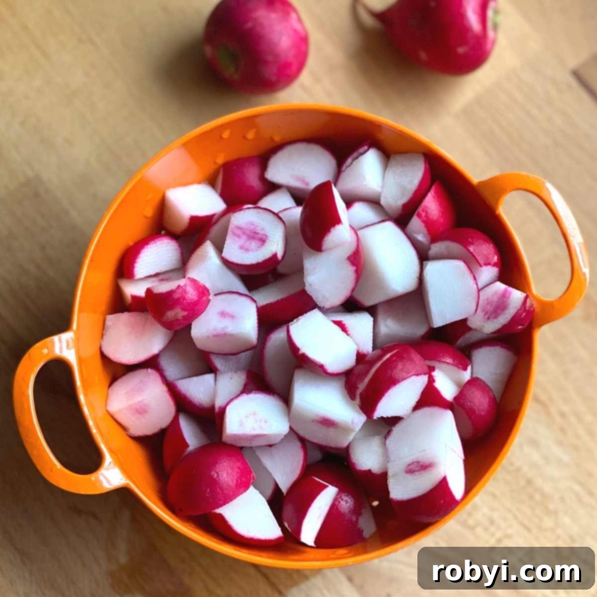 Diced radishes in a bowl.