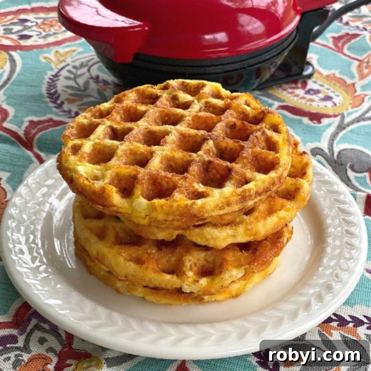 Simple Three Ingredient Cauliflower Chaffles 2 Cauliflower waffles stacked on a plate in front of waffle maker.