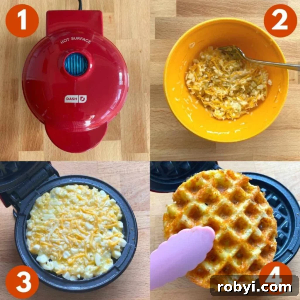 Simple Three Ingredient Cauliflower Chaffles 4 Collage of 4 steps to make recipe.