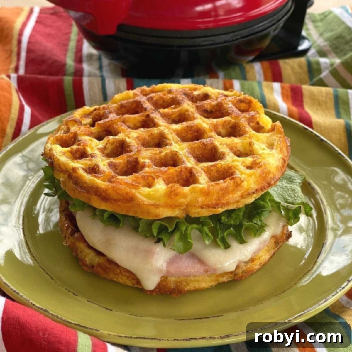 Simple Three Ingredient Cauliflower Chaffles 5 Ham and cheese sandwich with chaffle bread on the top and bottom.
