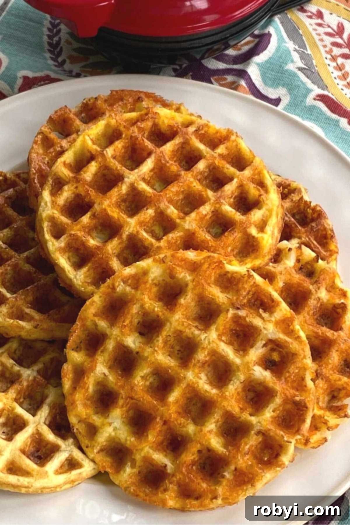 Simple Three Ingredient Cauliflower Chaffles 6 Cauliflower chaffles scattered on plate with Dash waffle iron behind it.