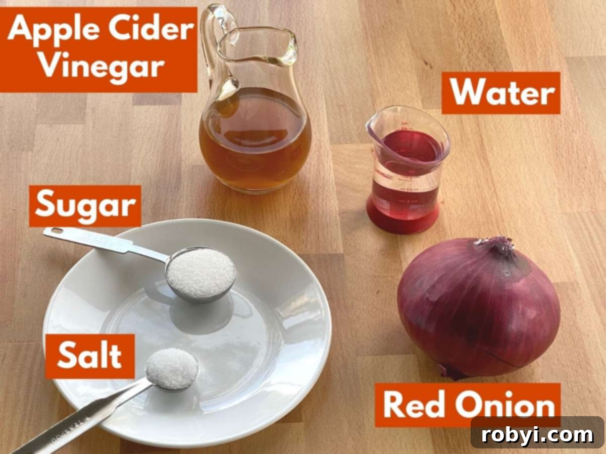 Essential ingredients for making refrigerator pickled onions laid out with labels.