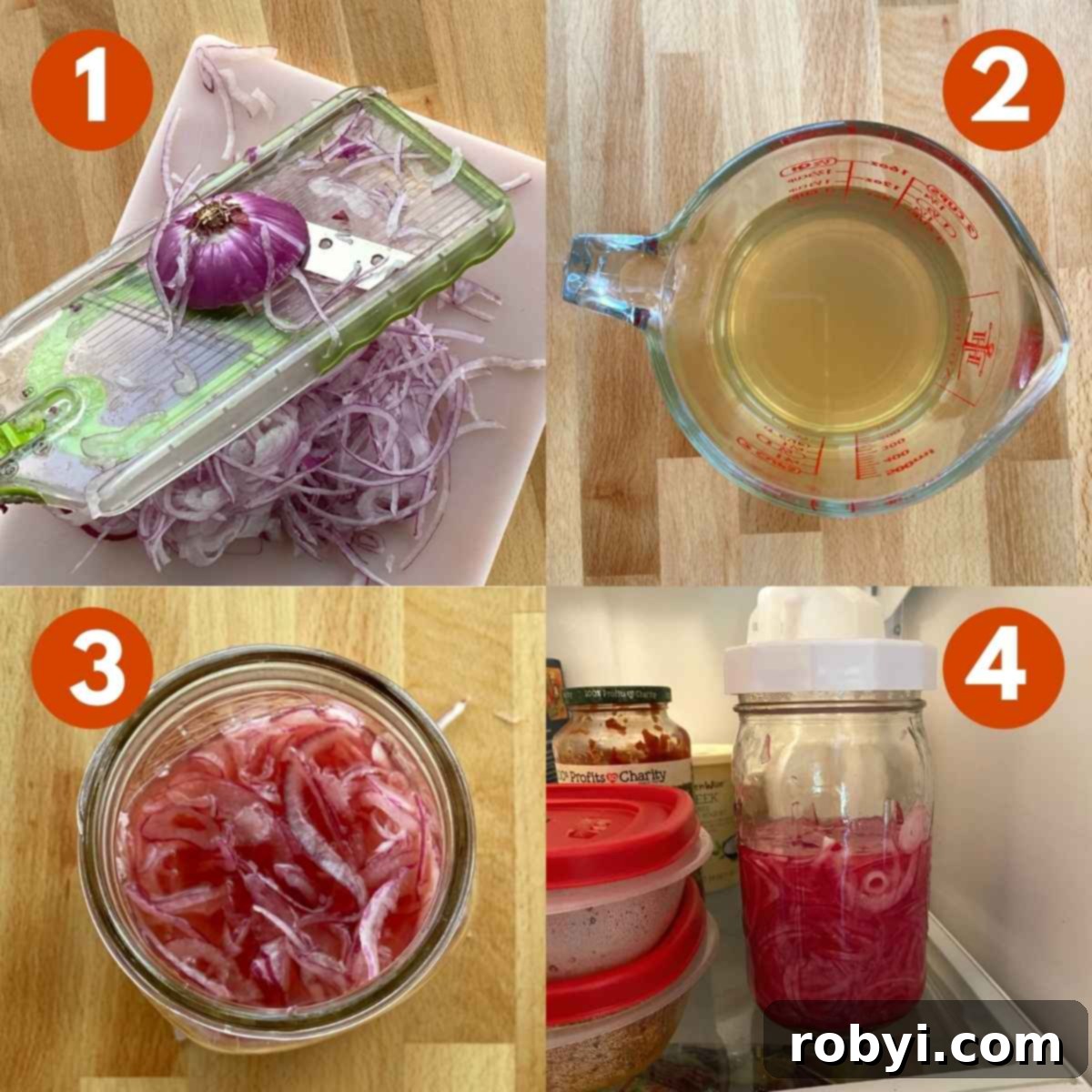 A visual guide showing numbered steps for making refrigerator pickled onions.