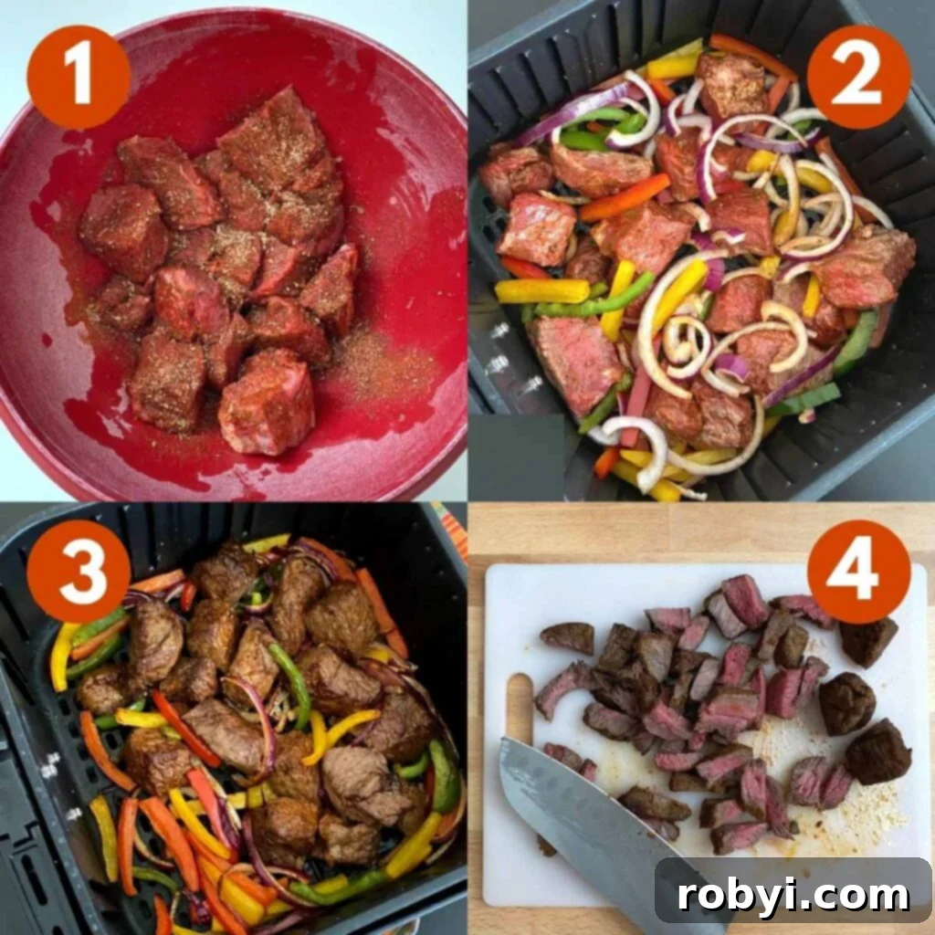Numbered directions to make steak fajitas in an air fryer.