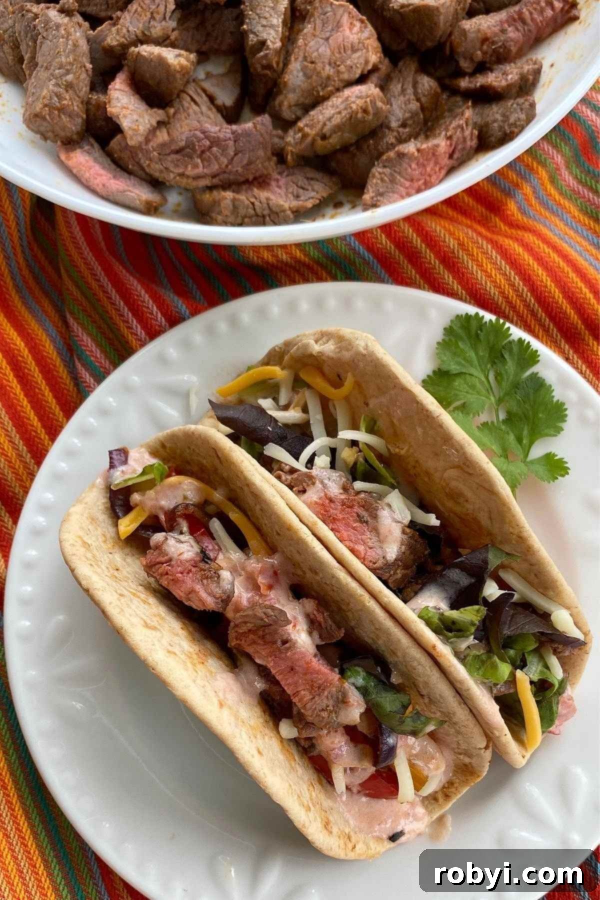 2 Beef Fajitas in low-carb flour tortillas on a plate.