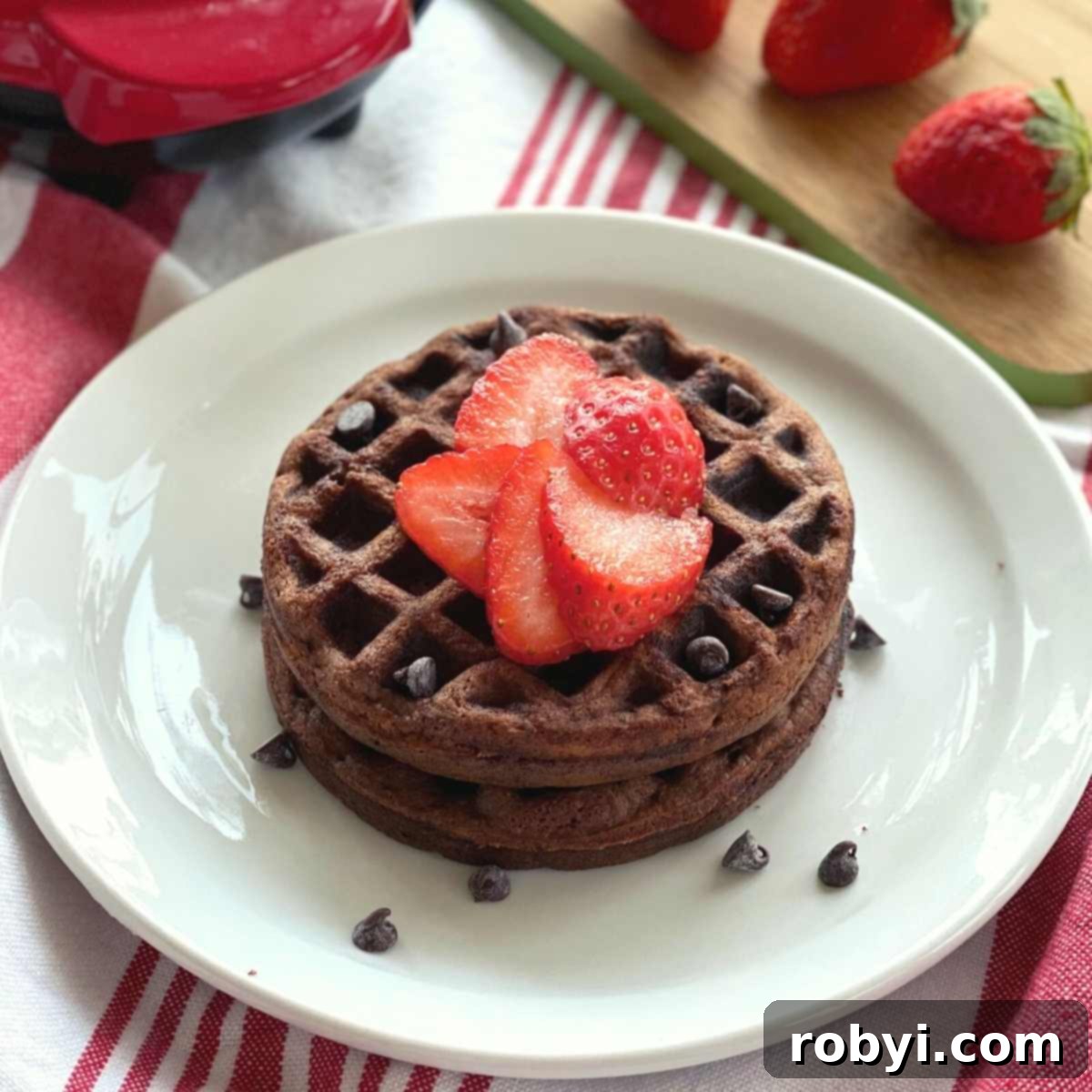 Decadent Chocolate Chaffles with Ricotta 2 Two chocolate chaffles on a plate, garnished with fresh strawberries and chocolate chips, with a Dash mini waffle iron in the background.