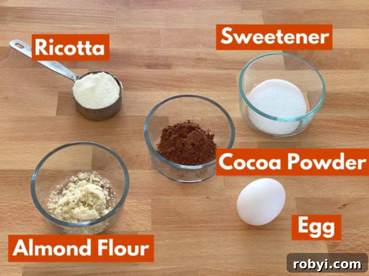 Decadent Chocolate Chaffles with Ricotta 3 A collage displaying the main ingredients for chocolate chaffles: ricotta cheese, sweetener, cocoa powder, almond flour, and an egg.