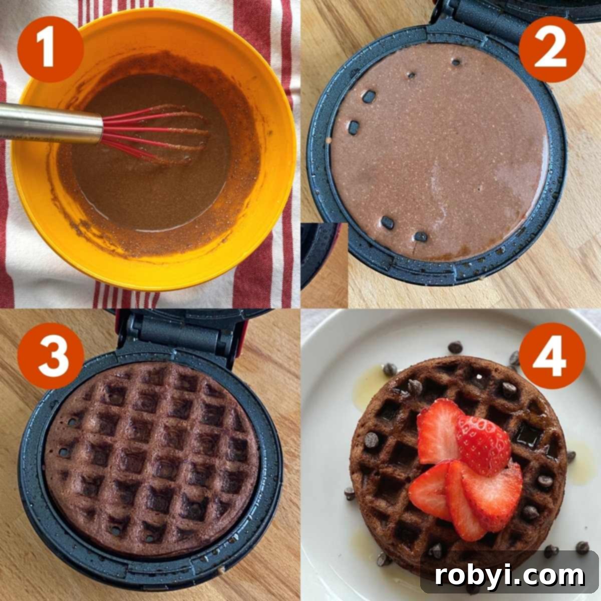 Decadent Chocolate Chaffles with Ricotta 4 A numbered collage showing the steps to make chocolate chaffles: 1-Batter in a bowl. 2-Uncooked batter in a Dash mini waffle maker. 3-Cooked chaffle in the waffle maker. 4-Finished chocolate chaffle on a plate.