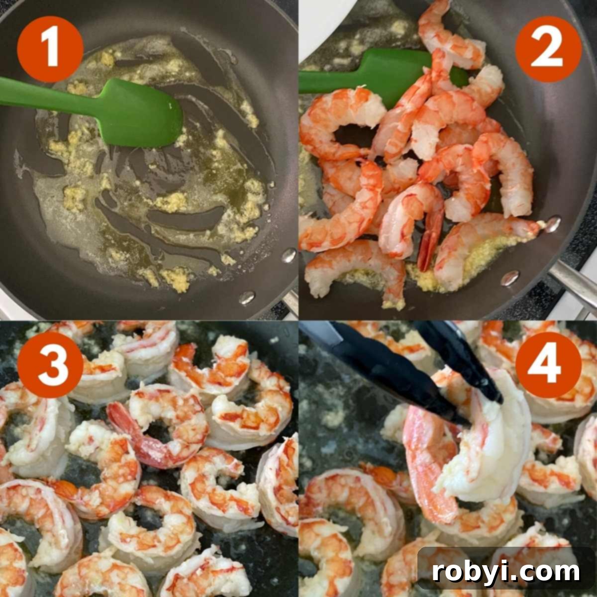 Numbered picture collage of steps to cook Argentine shrimp in skillet: 1) Garlic in pan with butter and olive oil, 2) shrimp added to the pan, 3) shrimp cooking in pan, 4) tongs holding an Argentine shrimp out of the pan.