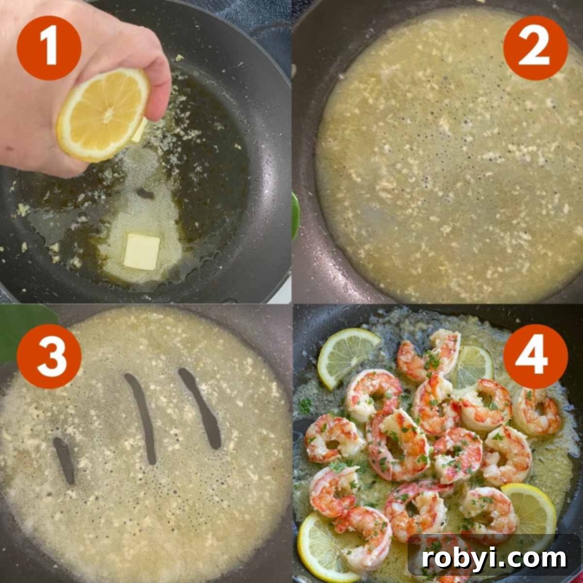 Numbered picture collage of steps to make scampi sauce: 1) Lemon being squeezed into a pan with butter and garlic, 2) skillet with sauce ingredients before reduced, 3) ingredient in pan after reduction occurs, 4) Argentine shrimp in pan with scampi sauce.