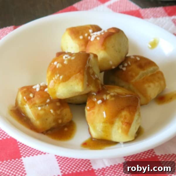 Soft Pretzel Bites drizzled with Raspberry Honey Mustard Sauce