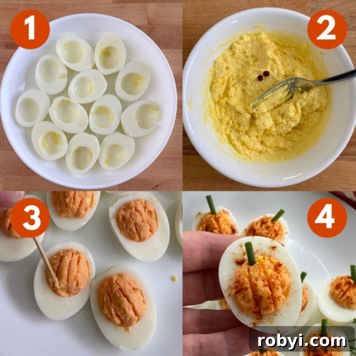 Numbered steps to prepare pumpkin deviled eggs.