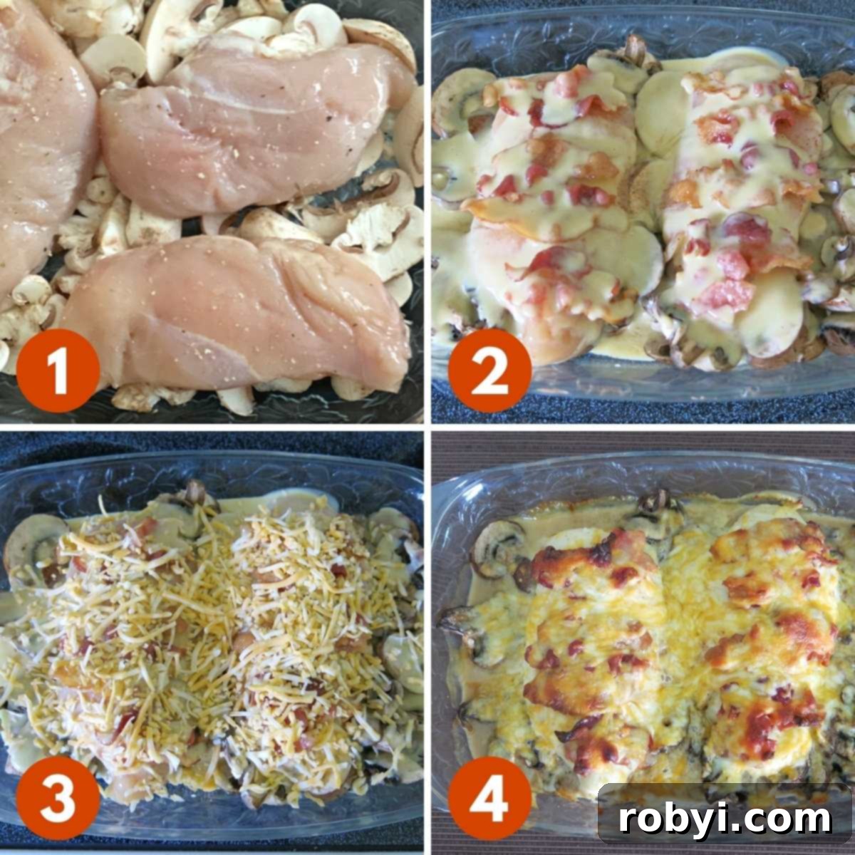 A collage of four numbered photos showing the preparation of Copycat Alice Springs Chicken. 1) Seasoned chicken on a bed of sliced mushrooms. 2) Cooked bacon and honey mustard sauce layered over chicken. 3) Shredded cheese sprinkled over the dish before baking. 4) The finished, golden-brown Alice Springs Chicken in a baking dish.