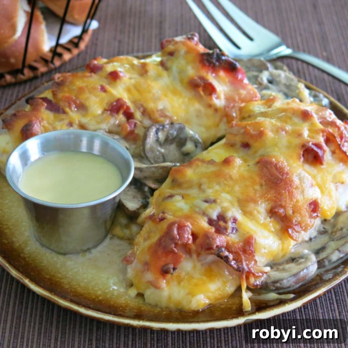 Copycat Alice Springs Chicken on a plate, perfectly cooked with melted cheese and a side condiment cup of extra honey mustard sauce.