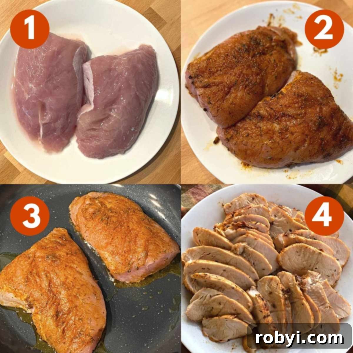 A numbered photo collage illustrating the cooking process: 1) Raw turkey tenderloins on a plate. 2) Tenderloins generously coated with the spice rub. 3) Turkey searing in a hot skillet. 4) Sliced, cooked turkey ready to be served.