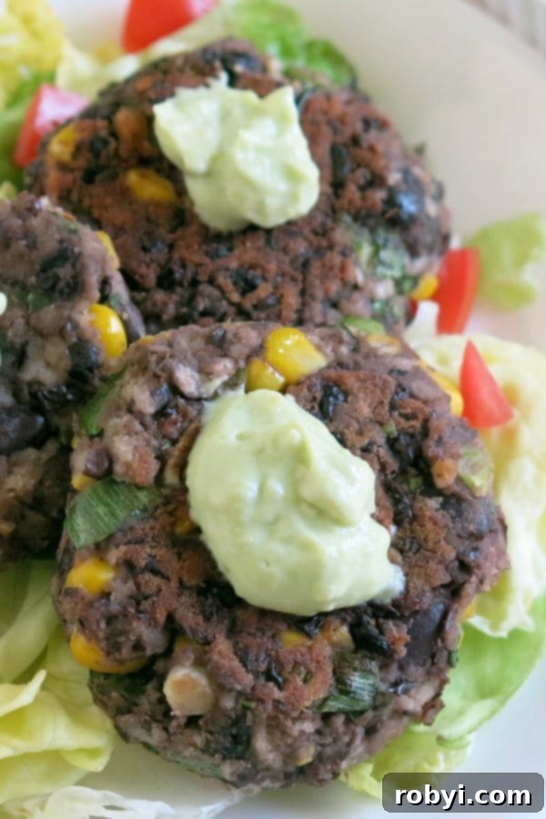 Close-up of a plated black bean cake with avocado cream and fresh cilantro