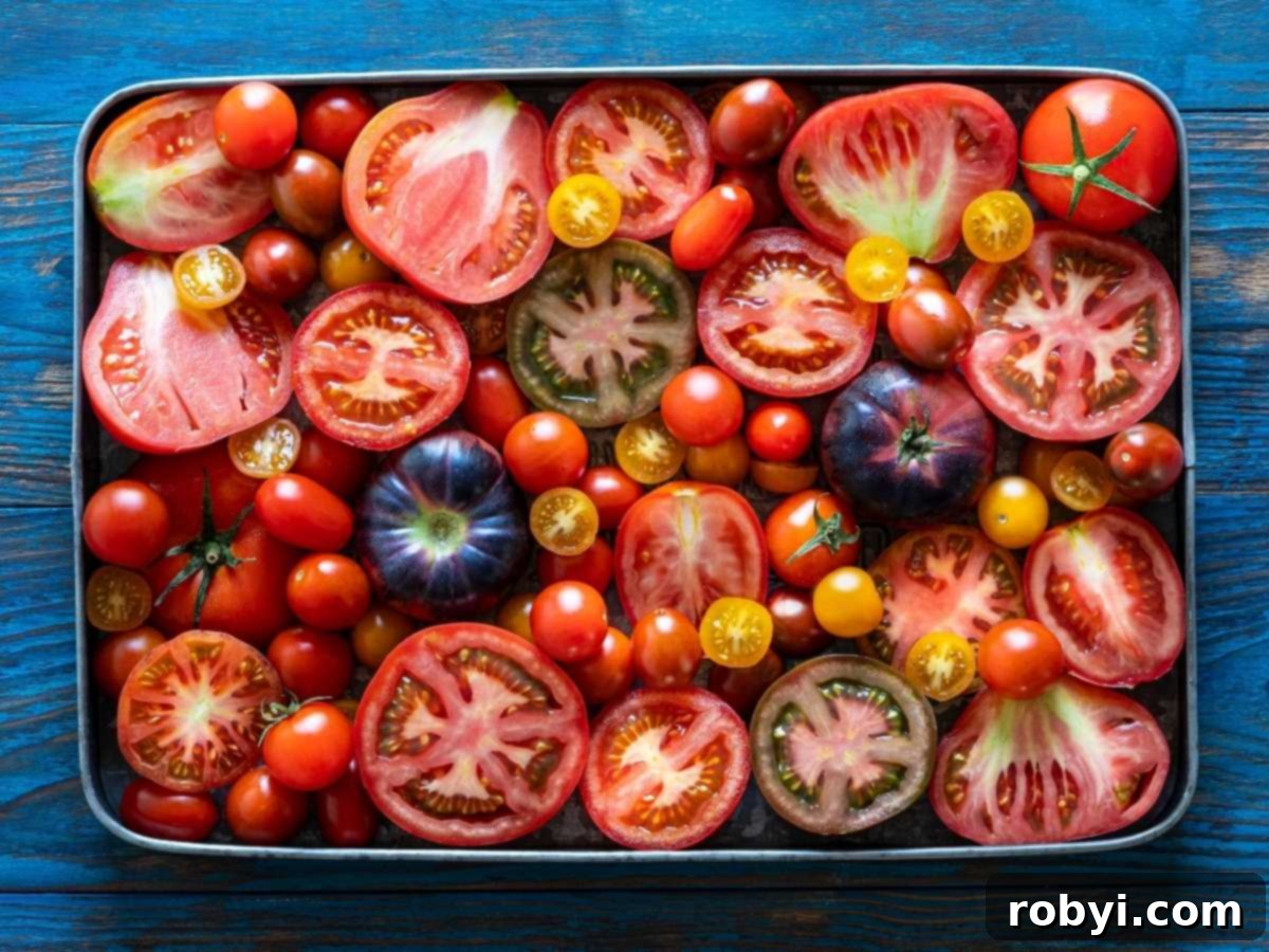 Platter of various types of tomatoes.