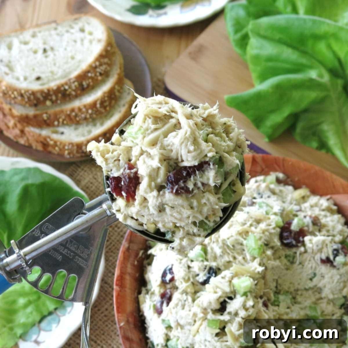 Scoop holding chicken salad with bread, lettuce leaves, below it.